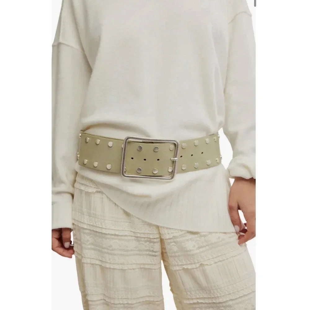 Free People Hex Stud Leather Hip Belt Matcha Green S/M Wide Studded NWT Y2K